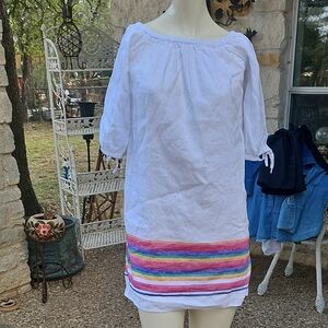 J. Crew Linen blend Mini Dress White SERAPE Rainbow Stripe Off Shoulder Size XXS